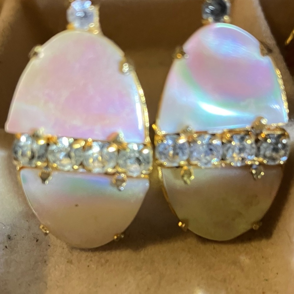 Vintage Clip On Earrings Iridescent color Pinkish Turquoise 4 faux diamonds